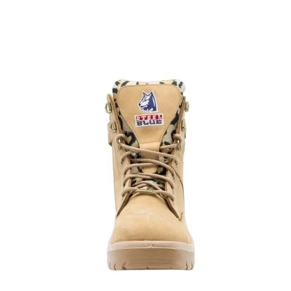 Tan boot with a brand logo on a white background
