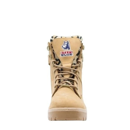 Tan boot with a brand logo on a white background