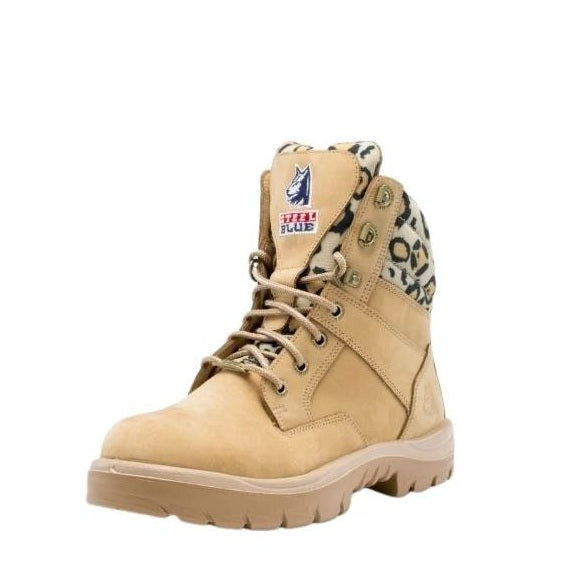 Beige boot with leopard print accents on a white background