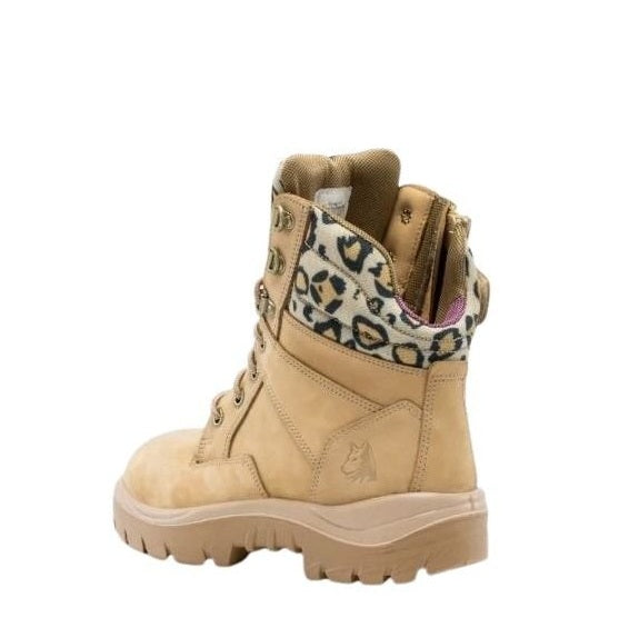 Beige boot with leopard print lining on a white background