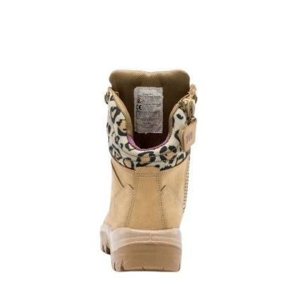 Beige sneaker with leopard print accents on a white background