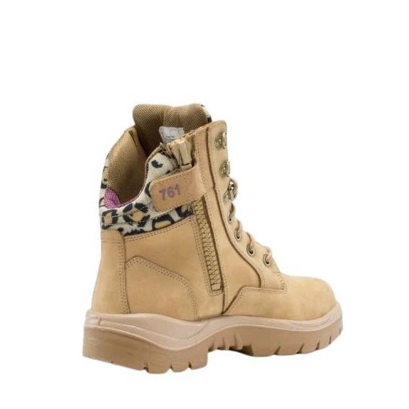 Beige boot with leopard print lining on a white background