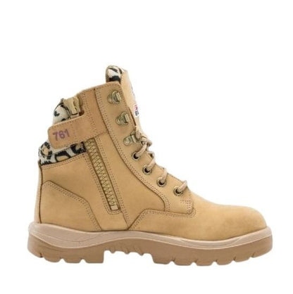 Tan boot with leopard print zipper on a white background