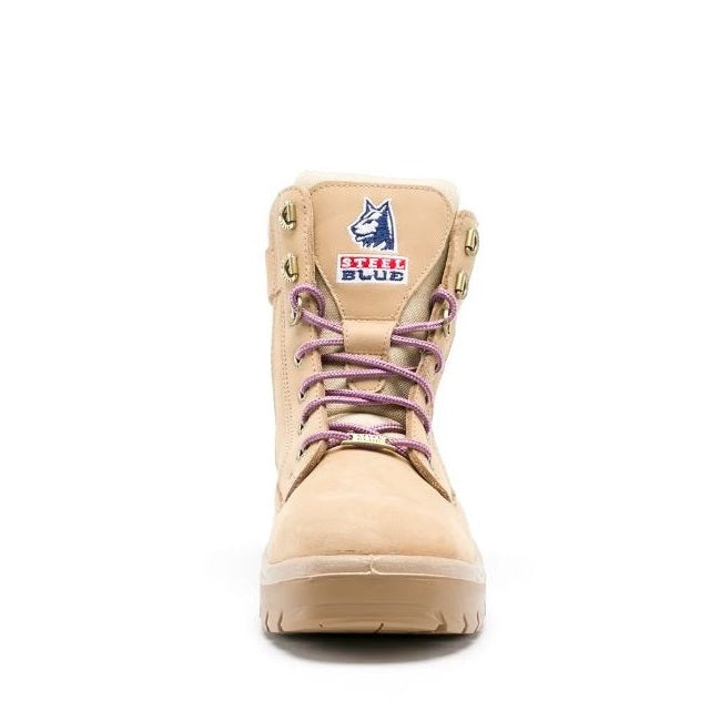 Beige boot with purple laces on a white background