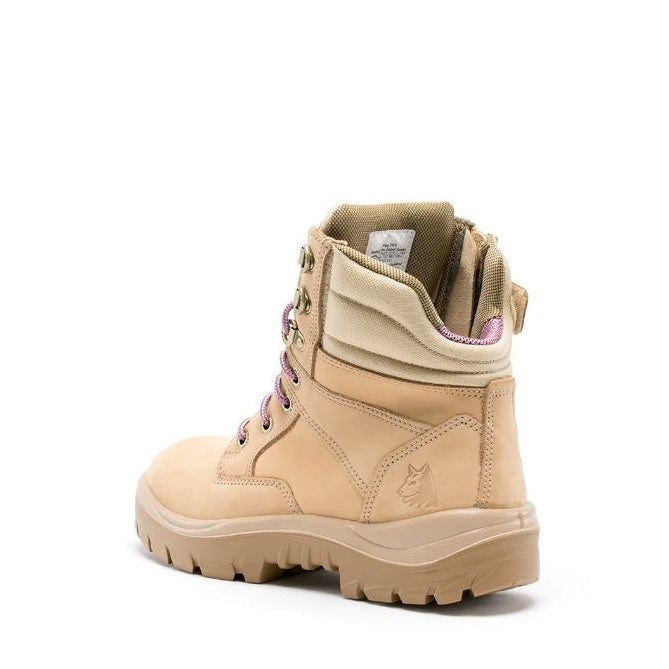 Beige boot with a brand logo on a white background
