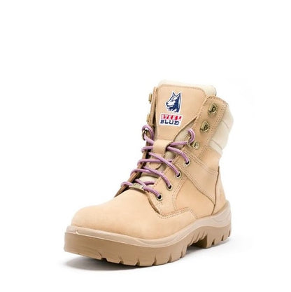 Beige boot with purple laces on a white background