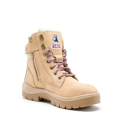 Beige boot with pink laces on a white background