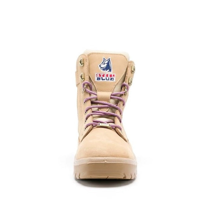 Tan boot with purple laces on a white background