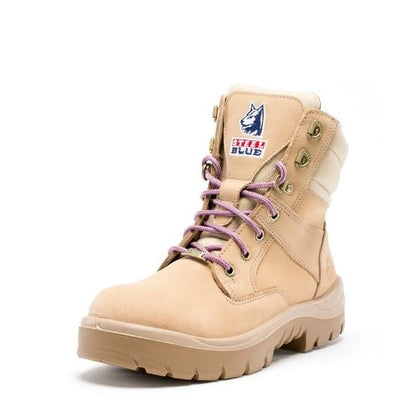 Beige boot with purple laces on a white background