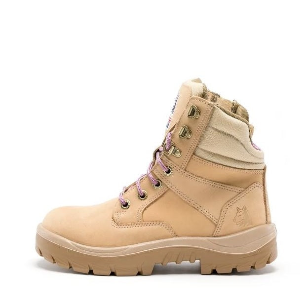 Beige boot with pink laces on a white background
