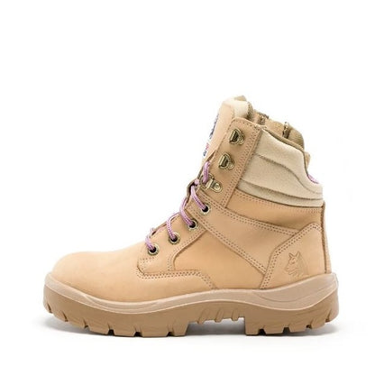 Beige boot with pink laces on a white background
