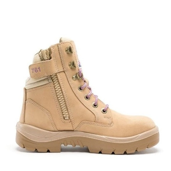 Beige boot with visible brand name on a white background