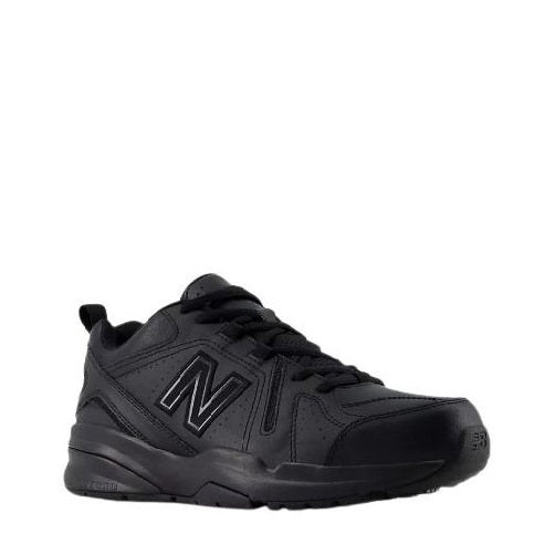 Black athletic shoe with New Balance logo on a white background angle view style 608 MX608BB5