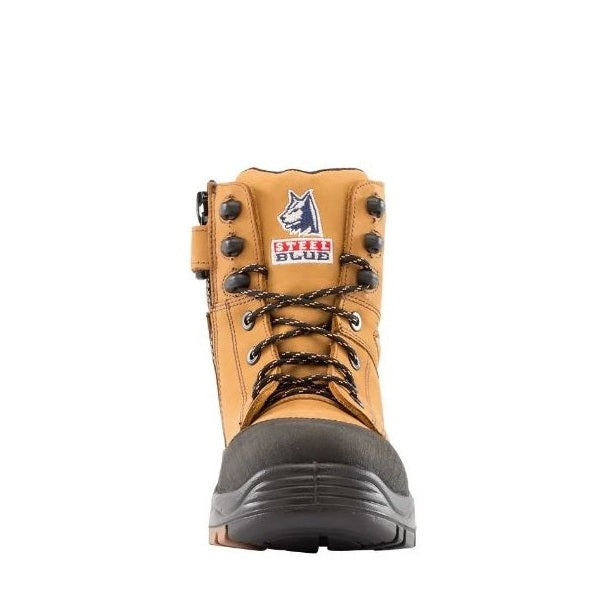 Tan work boot with black sole on a white background