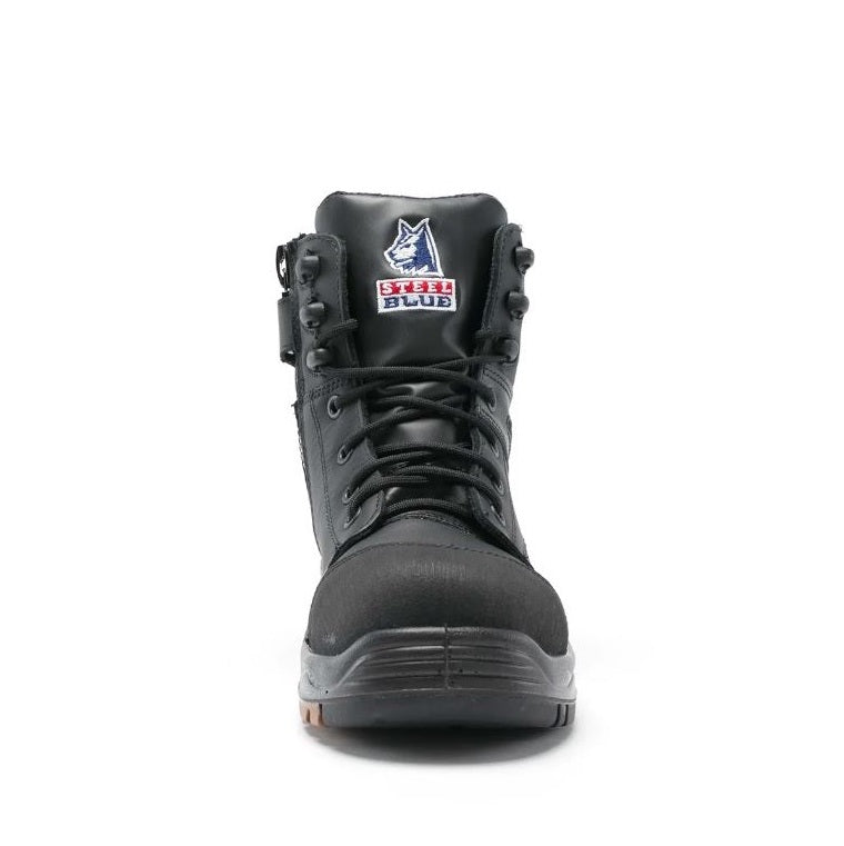 Black high-top boot with a brand logo on a white background