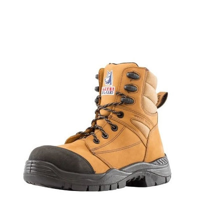 Tan work boot with black sole on a white background