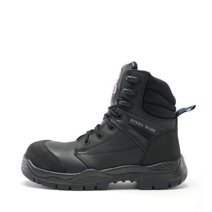 Black high-top boot with 'Steel Blue' branding on a white background