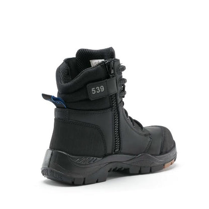 Black winter boot with visible brand name on a white background