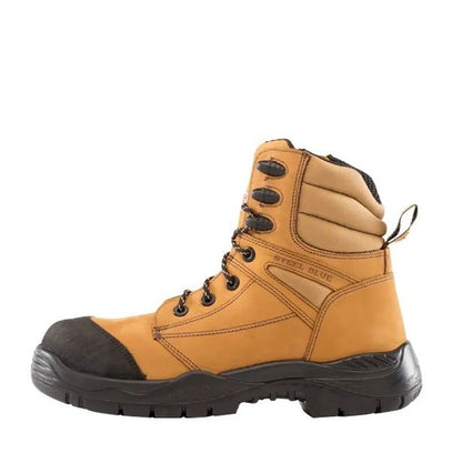 Yellow work boot with black sole on a white background
