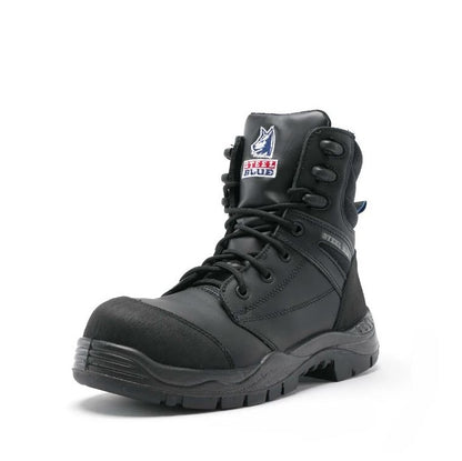 Black boot with a brand logo on a white background