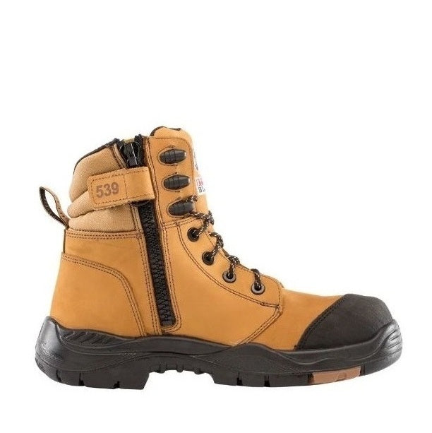 Brown work boot with black sole on a white background