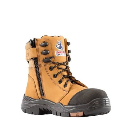 Tan work boot with black sole on a white background