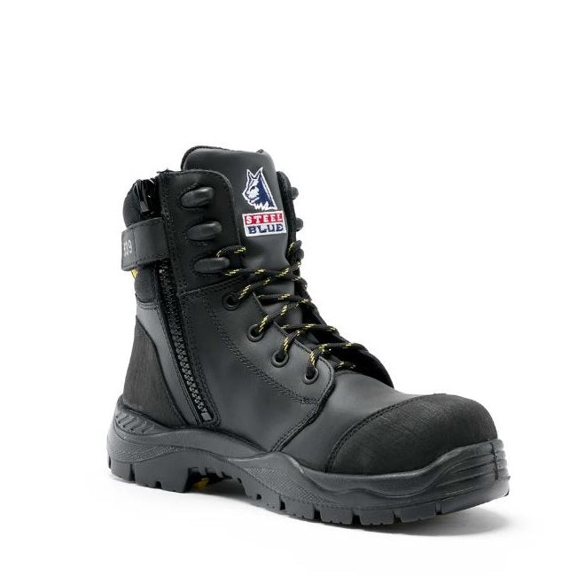 Black boot with a visible brand logo on a white background