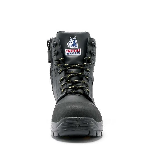 Black safety boot with a visible brand logo on a white background