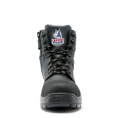 Black safety boot with a visible brand logo on a white background