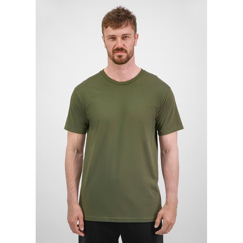 Man wearing an olive green t-shirt against a white background