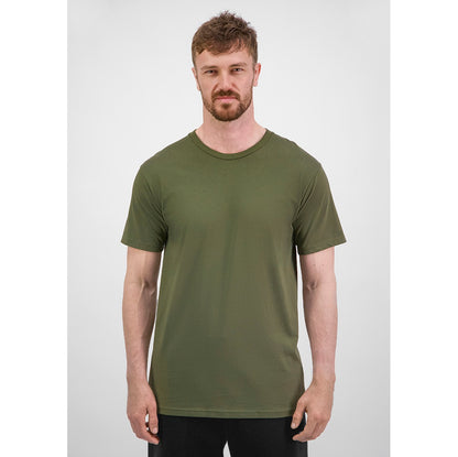 Man wearing an olive green t-shirt against a white background