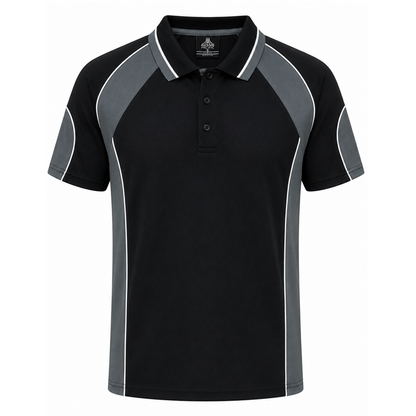 Mens black with charcoal grey panels and white contrasting piping everyday premium professional athletic polo Aussie Pacific N1300 Murray Mens Polo