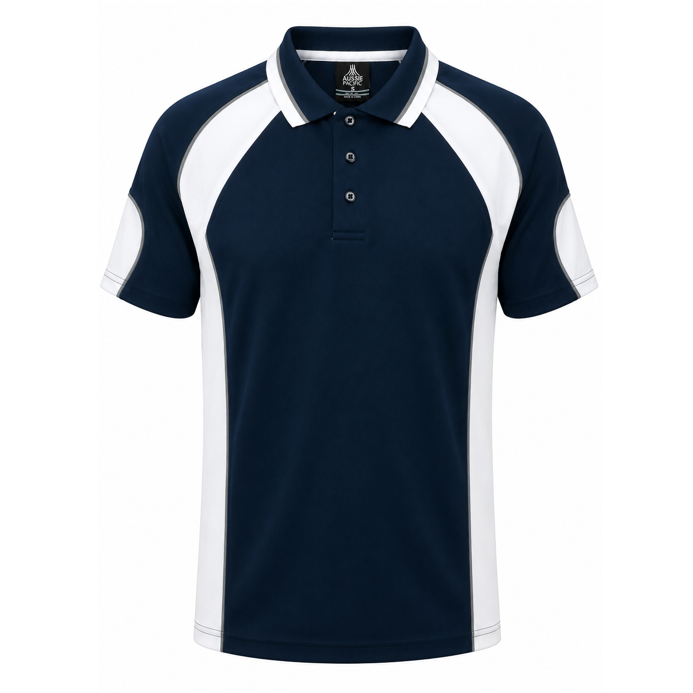 Mens Navy with White contrasting panels button down professional knit collar Aussie Pacific N1300 Murray Mens polo shirt