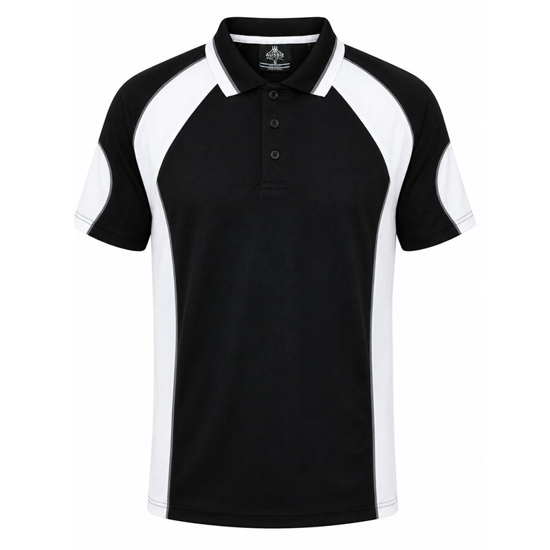 mens black with white contrasting panels easy care moisture wicking Aussie Pacific N1300 Murray Mens Polo