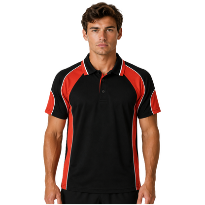 Mens black with orange and white contrast piping modern fit professional sports Aussie Pacific N1300 Murray Mens Polo