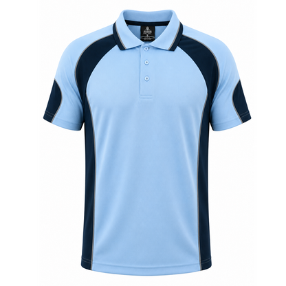 Mens sky light blue with dark navy contrasting panels modern fit knitted weave anti bacterial Aussie Pacific N1300 Murray Mens Polo