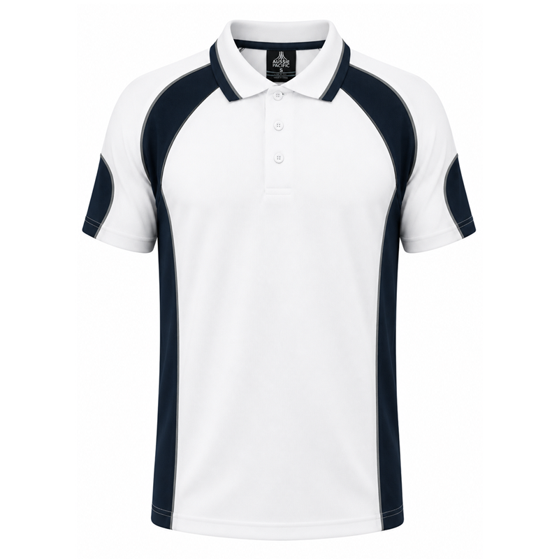 Mens white and navy lightweight breathable Aussie Pacific N1300 Murray Mens Polo