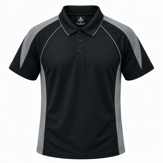 Mens black with charcoal grey detail button down knit collar breathable activewear Aussie Pacific N1301 Premier Mens Polo