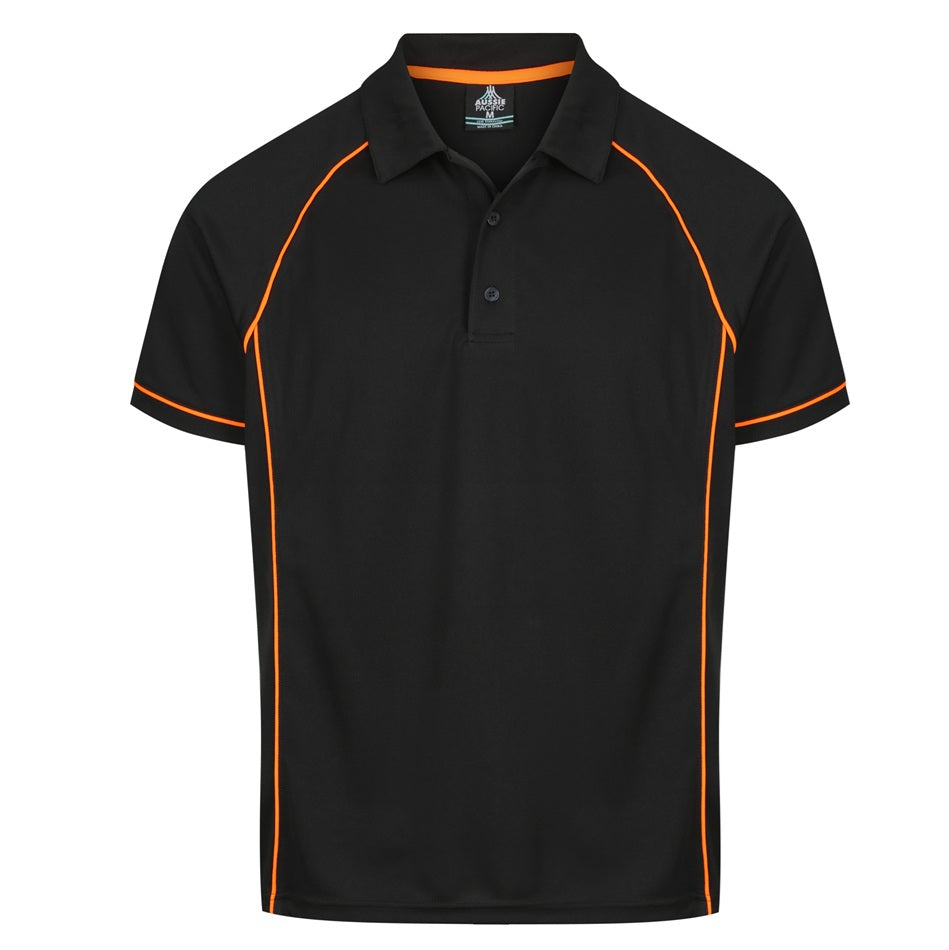 mens black with orange piping V neck short sleeve Aussie Pacific N1310 Mens Endeavour Polo
