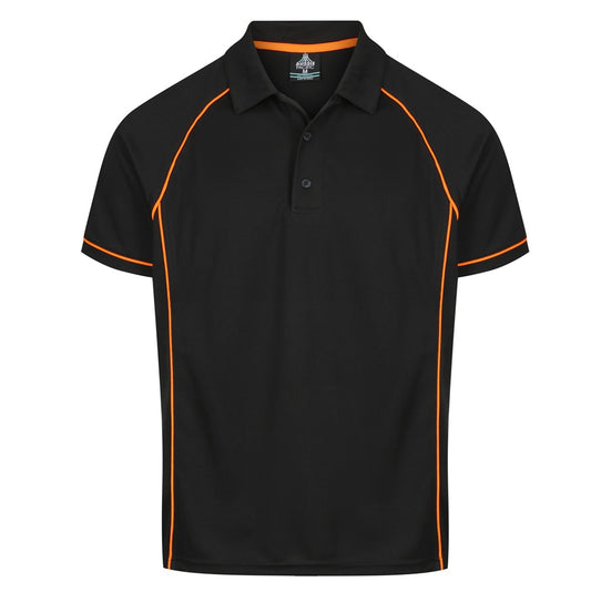 mens black with orange piping V neck short sleeve Aussie Pacific N1310 Mens Endeavour Polo