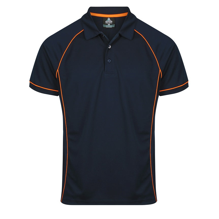 A navy and orange with contrast piping executive professional anti bacterial Aussie Pacific N1310 Mens Endeavour Polo