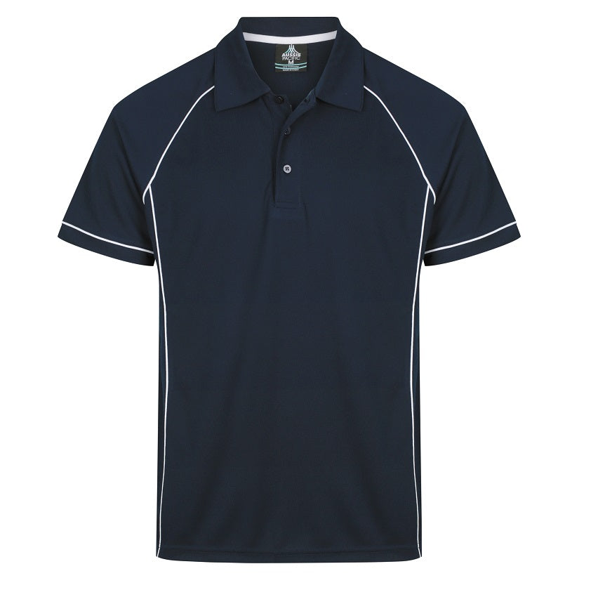  A navy blue coloured polo with white contrasting piping professional corporate sports polo Aussie Pacific N1310 Mens Endeavour Polo 