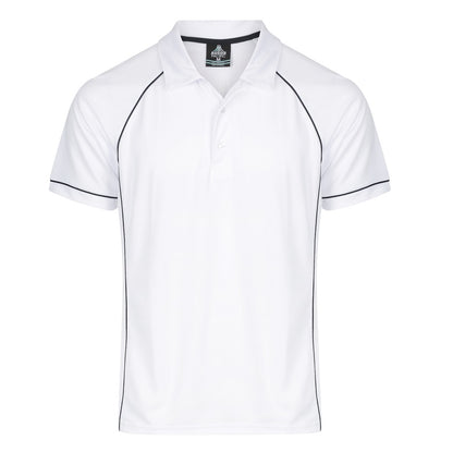 mens white with navy piping V neck polo breathable long wearing everyday Aussie Pacific N1310 Mens Endeavour Polo