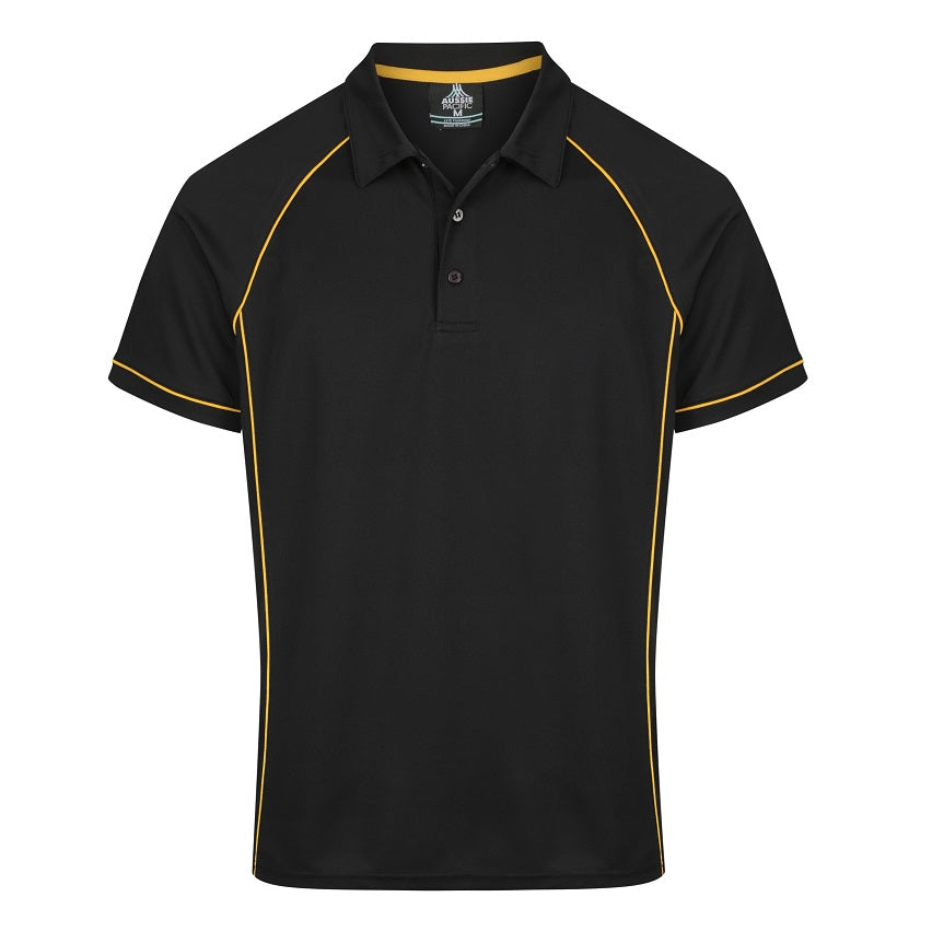 A black and gold colored polo shirt with contrast piping at the raglan, side panel, and sleeve cuff, featuring a V-neck Johnny collar and side splits. Aussie Pacific N1310 Mens Endeavour Polo