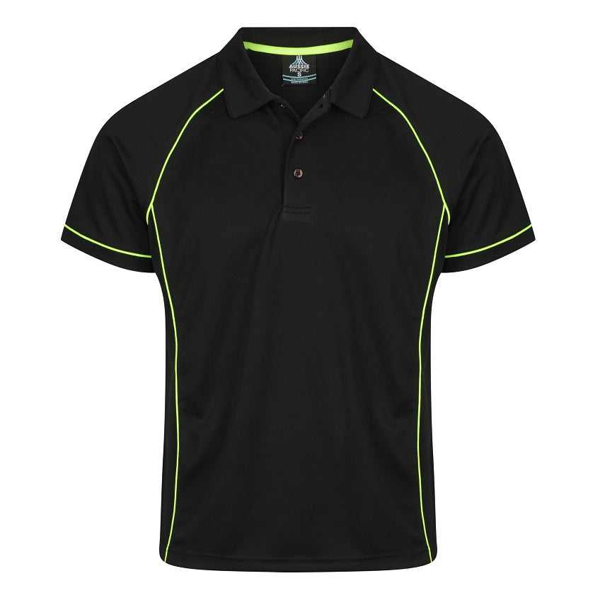 A black short sleeve polo with bright lime green contrasting piping Aussie Pacific N1310 Mens Endeavour Polo
