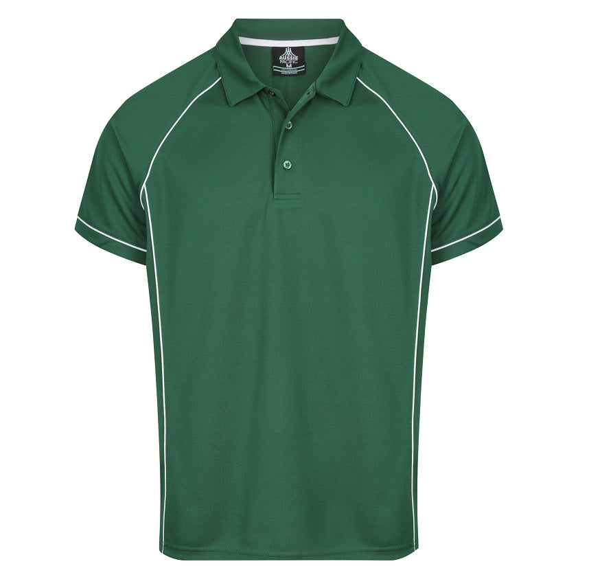 A bottle green with white contrasting piping shaped premium dri wear moisture wicking fabric Aussie Pacific N1310 Mens Endeavour Polo