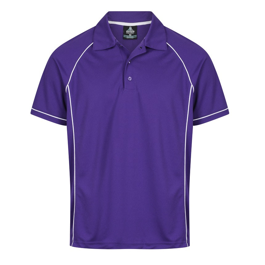 A purple sports polo with white contrasting piping sports polo shirt, lightweight easy care Aussie Pacific N1310 Mens Endeavour Polo 