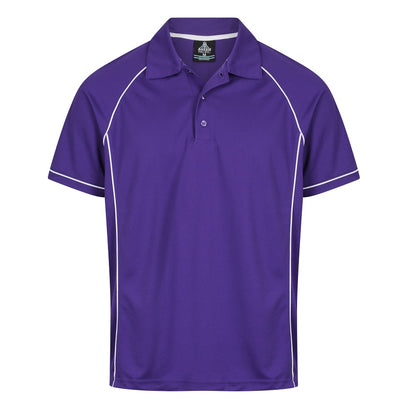A purple sports polo with white contrasting piping sports polo shirt, lightweight easy care Aussie Pacific N1310 Mens Endeavour Polo 