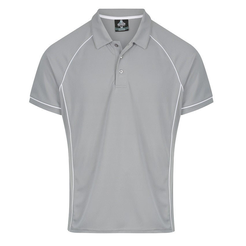 Mens light grey silver with contrast white piping, Side splits for enhanced movement, modern fit  Aussie Pacific N1310 Mens Endeavour Polo