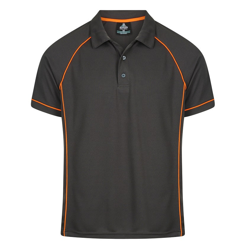 A slate charcoal colour with orange piping smart professional birdseye knit fabric Aussie Pacific N1310 Mens Endeavour Polo